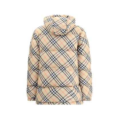 Burberry Beige Polyester Full-Length Jacket with check pattern, hood, and adjustable features, showcasing iconic style and functionality.