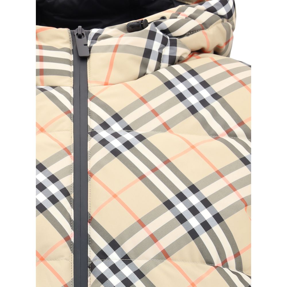 Close up of Burberry Beige Polyester Full-Length Jacket showcasing iconic Burberry Check pattern and zipper details.