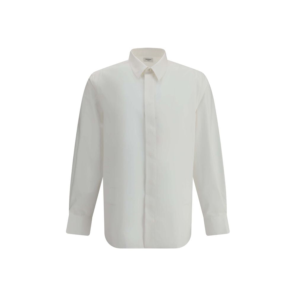 Saint Laurent White Cotton Dress Shirt with classic collar and concealed buttons, featuring a discreet embroidered logo, 100% cotton.