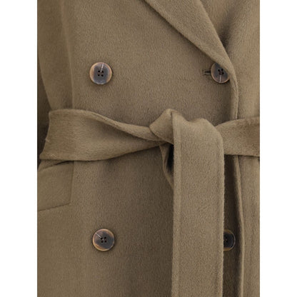 Close-up of Dynamis Studio Brown Wool Coat featuring double-breasted buttons and tie waist belt, made from 100% wool for versatile style.