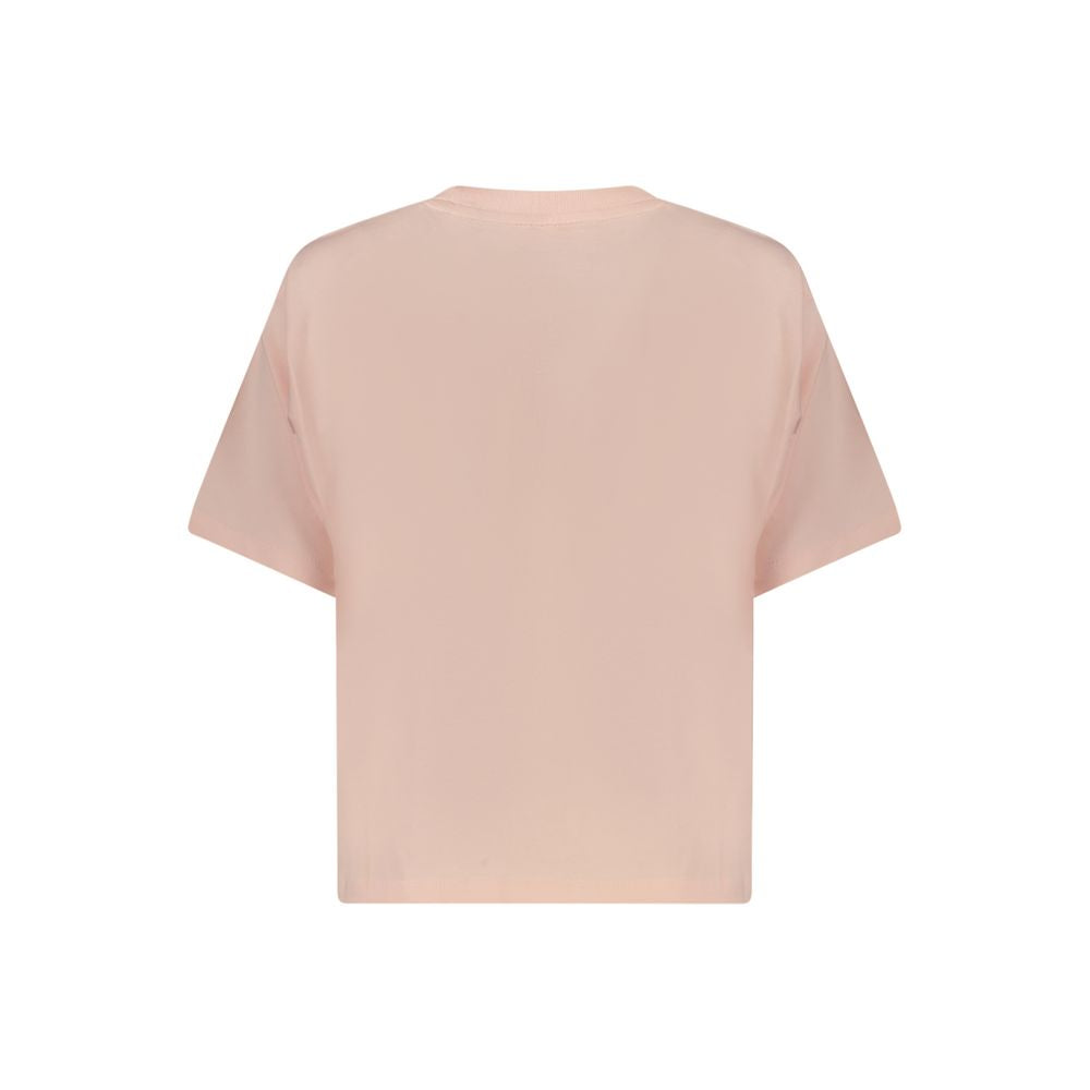 Back view of Guess Jeans Pink Cotton Women T-Shirt showcasing short sleeves and boxy silhouette.