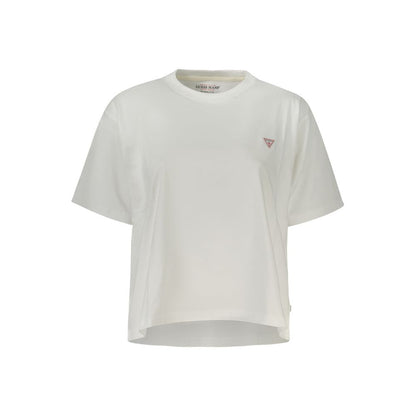 Guess Jeans White Cotton Women T-Shirt with short sleeves, crew neck, and bold applique logo on organic cotton fabric.