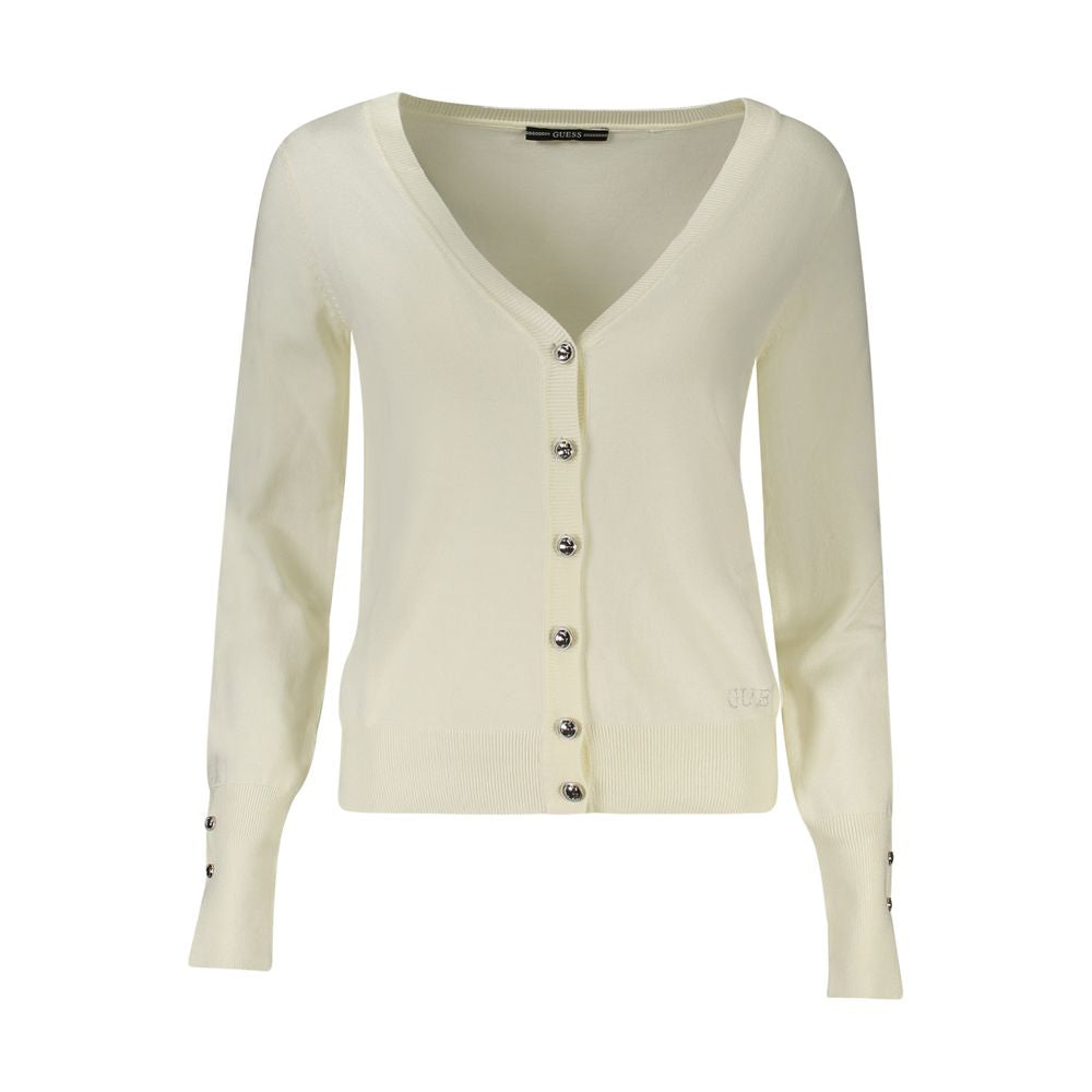 Guess Jeans White Viscose Women Sweater with rhinestone buttons and V-neck design.