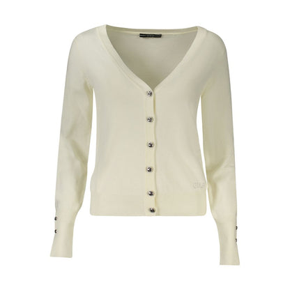 Guess Jeans White Viscose Women Sweater with rhinestone buttons and V-neck design.