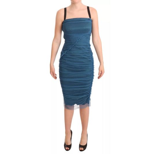 Dolce & Gabbana Blue Mesh Trim Ruched Tulle Sheath Dress