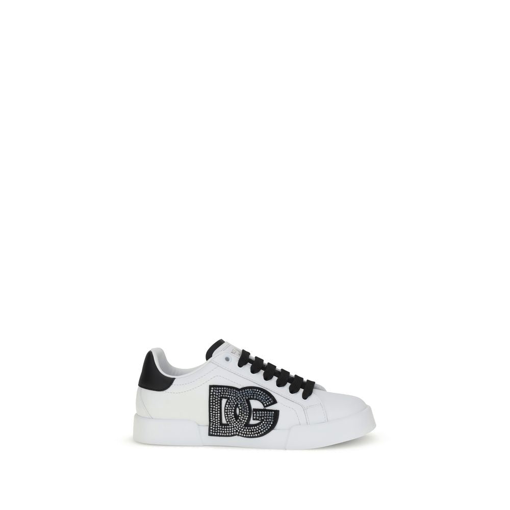 Dolce & Gabbana White Calf Leather Bos Taurus Low Top Sneakers, featuring EVA sole and iconic DG logo, side view.