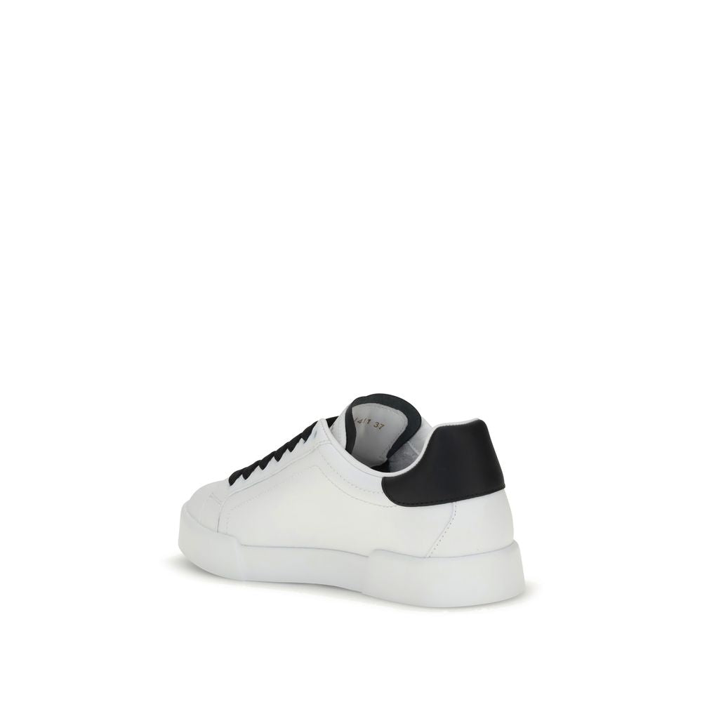 Dolce & Gabbana White Calf Leather Bos Taurus Low Top Sneakers, side view showcasing sleek design and cushioned EVA sole.