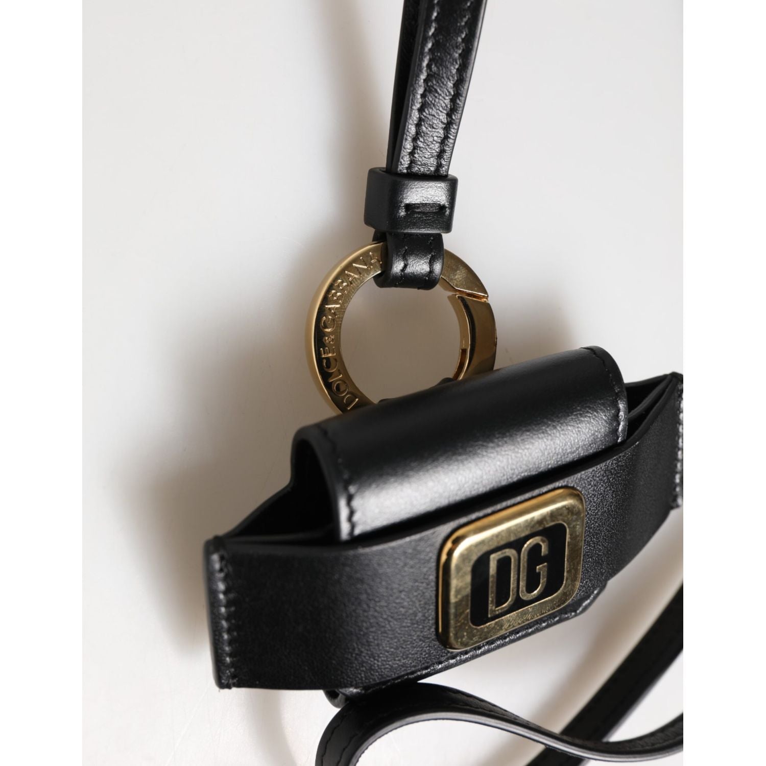 Dolce & Gabbana Black Leather Strap Gold Metal DG Logo Plaque Airpods Case