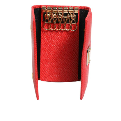 Dolce & Gabbana Red Leather Silver Metal Logo Plaque Trifold Key Holder