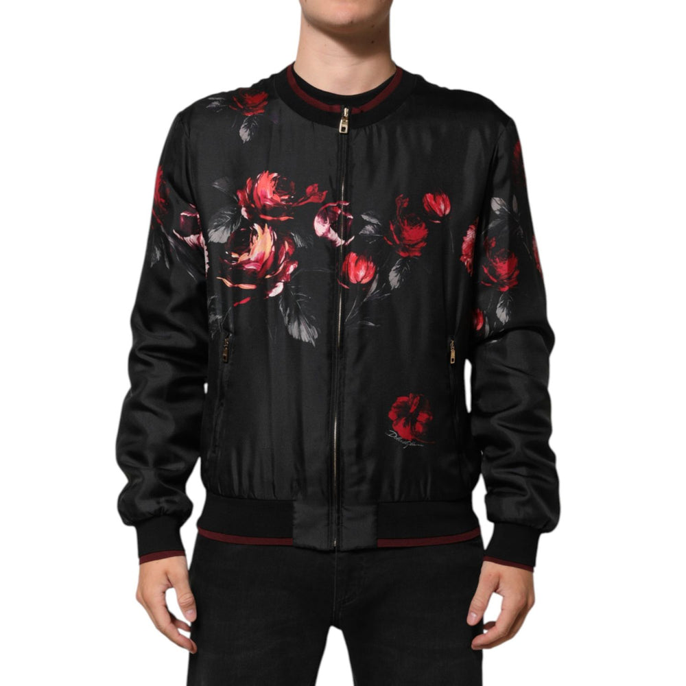 Dolce & Gabbana Black Red Floral Silk Bomber Blouson Jacket