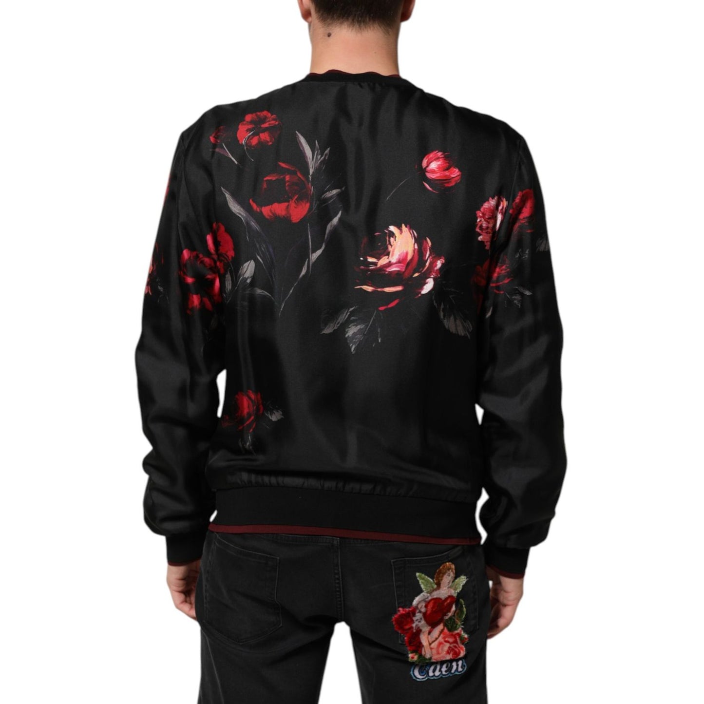 Dolce & Gabbana Black Red Floral Silk Bomber Blouson Jacket