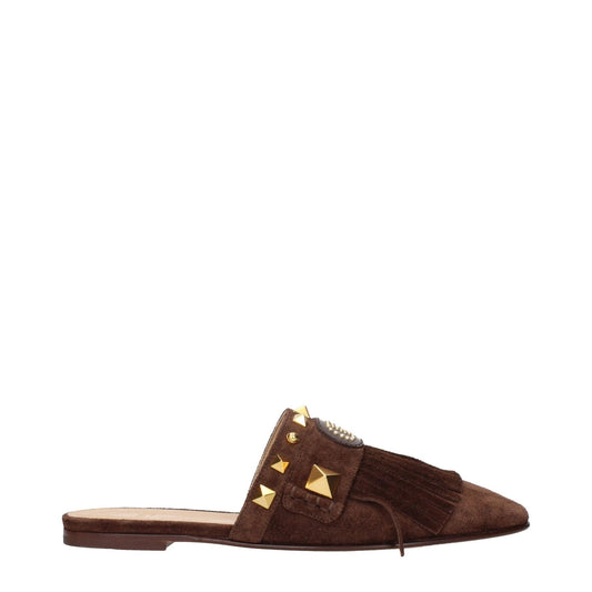 Valentino Garavani Brown Leather Slippers with front logo, studs, and fringes.