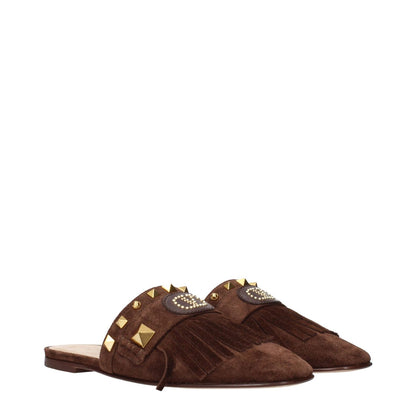 Valentino Garavani Brown Leather Slippers with logo, studs, fringes, MPN S0LP4ZFWKG8, code F84240, suede design.