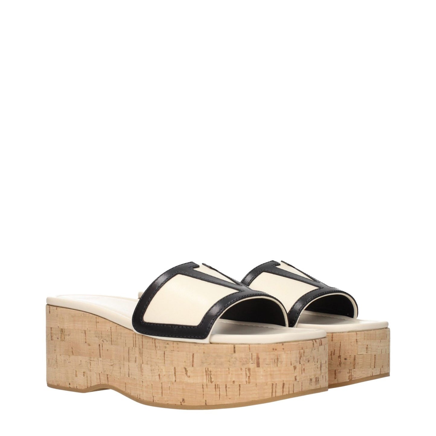 Valentino Garavani Beige Leather Wedge Sandals with black trim and cork sole, featuring front logo design.