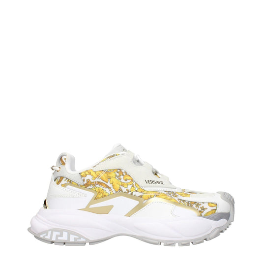 Versace Gold Fabric Low Top Sneakers, featuring logos and gold print accents, designed for stylish comfort.