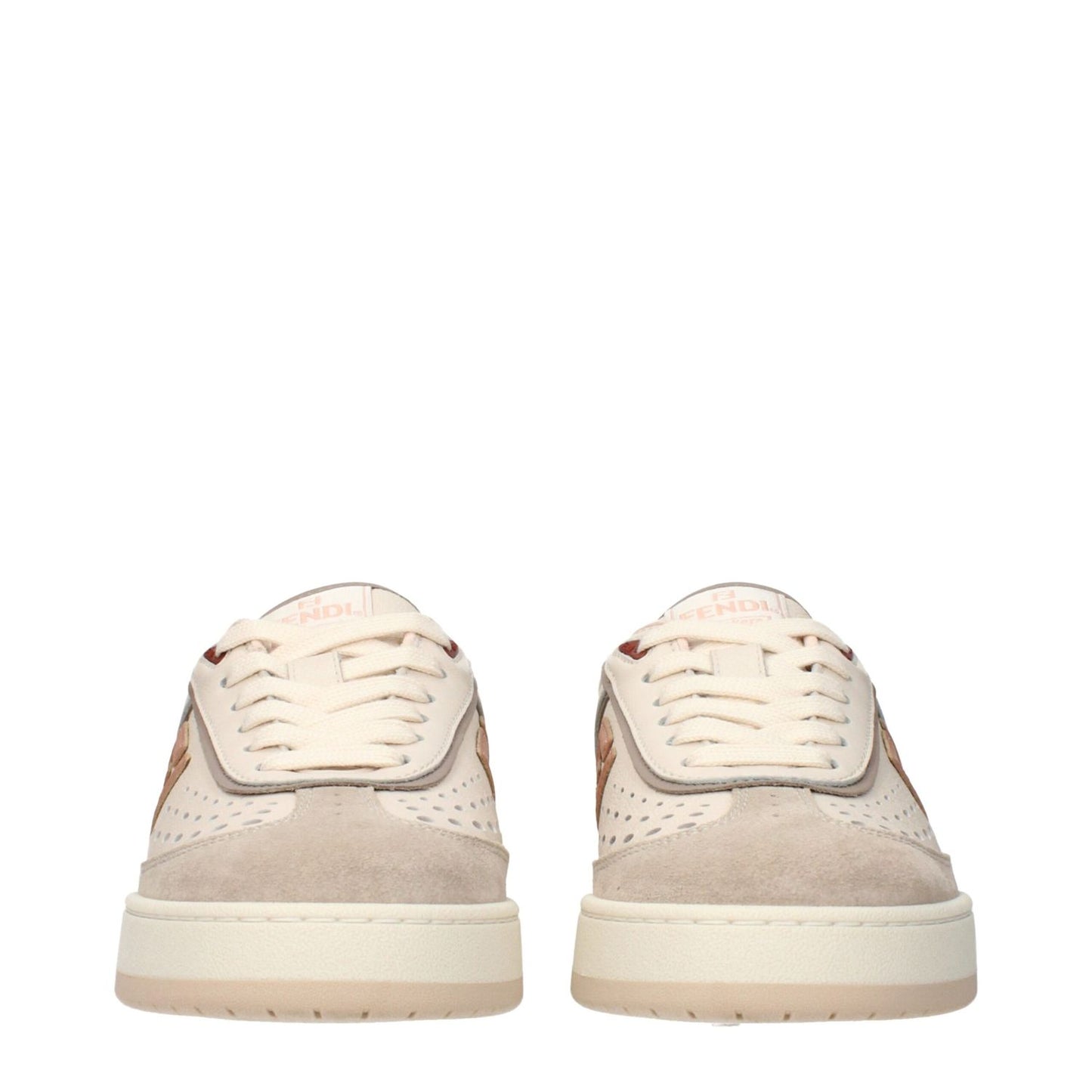 Fendi Beige Leather Low Top Sneakers with logos on front, side, and back, showcasing the designer style and craftsmanship.
