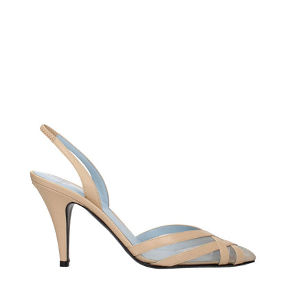 Valentino Garavani Beige Leather Stiletto Heel Sandals with logo detail, designed for style and comfort in every step.