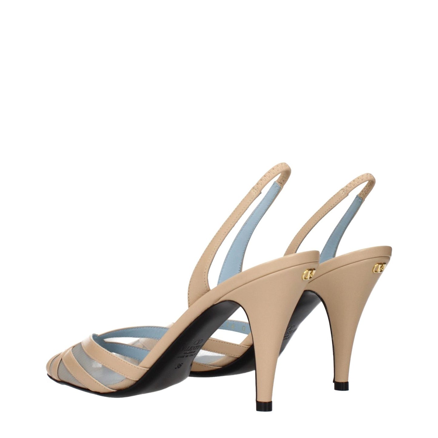 Valentino Garavani Beige Leather Stiletto Heel Sandals with back logo and sleek straps