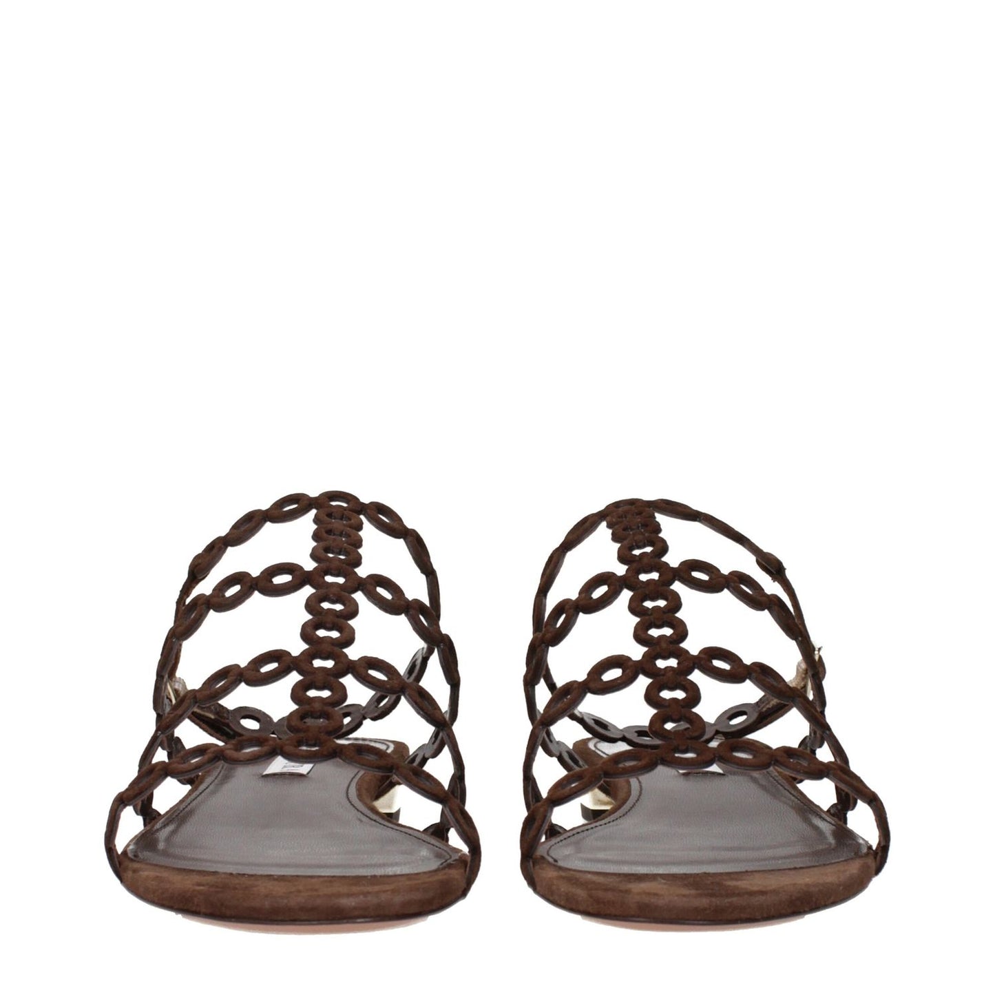 Front view of Aquazzura Brown Leather Sandals with intricate suede design, MPN ICHFLAS0SUEESP, code F84256.