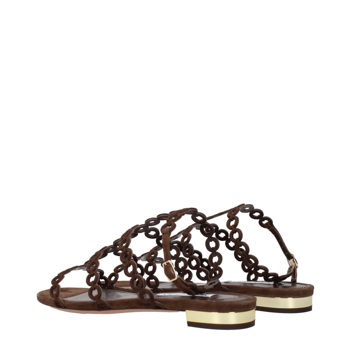 Aquazzura Brown Leather Sandals with intricate suede design showing side view.
