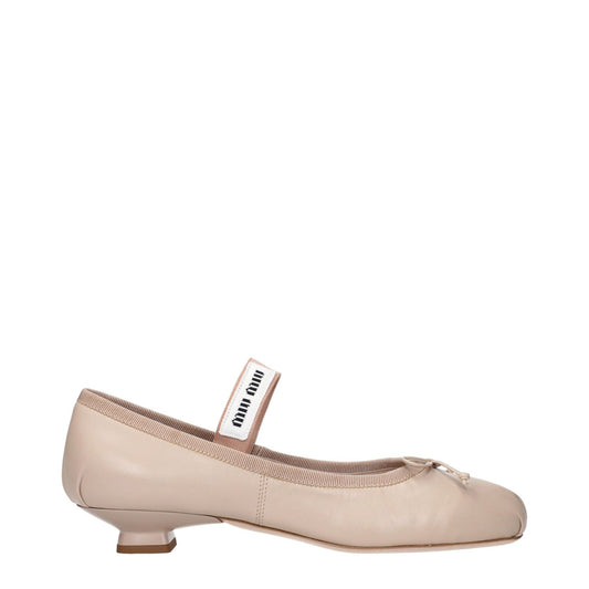 Miu Miu Pink Leather Ballet Flats with front logo and detail, showcasing elegant design and premium leather in side view.