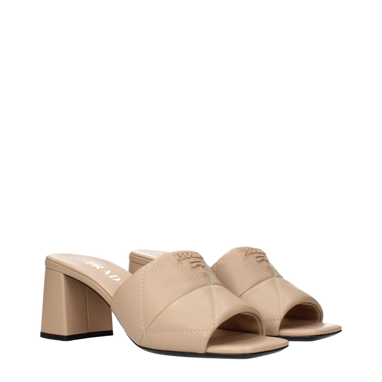 Prada Beige Leather Slippers with front logo, stylish design, perfect for casual or formal wear. MPN 1XX58303865F0036.