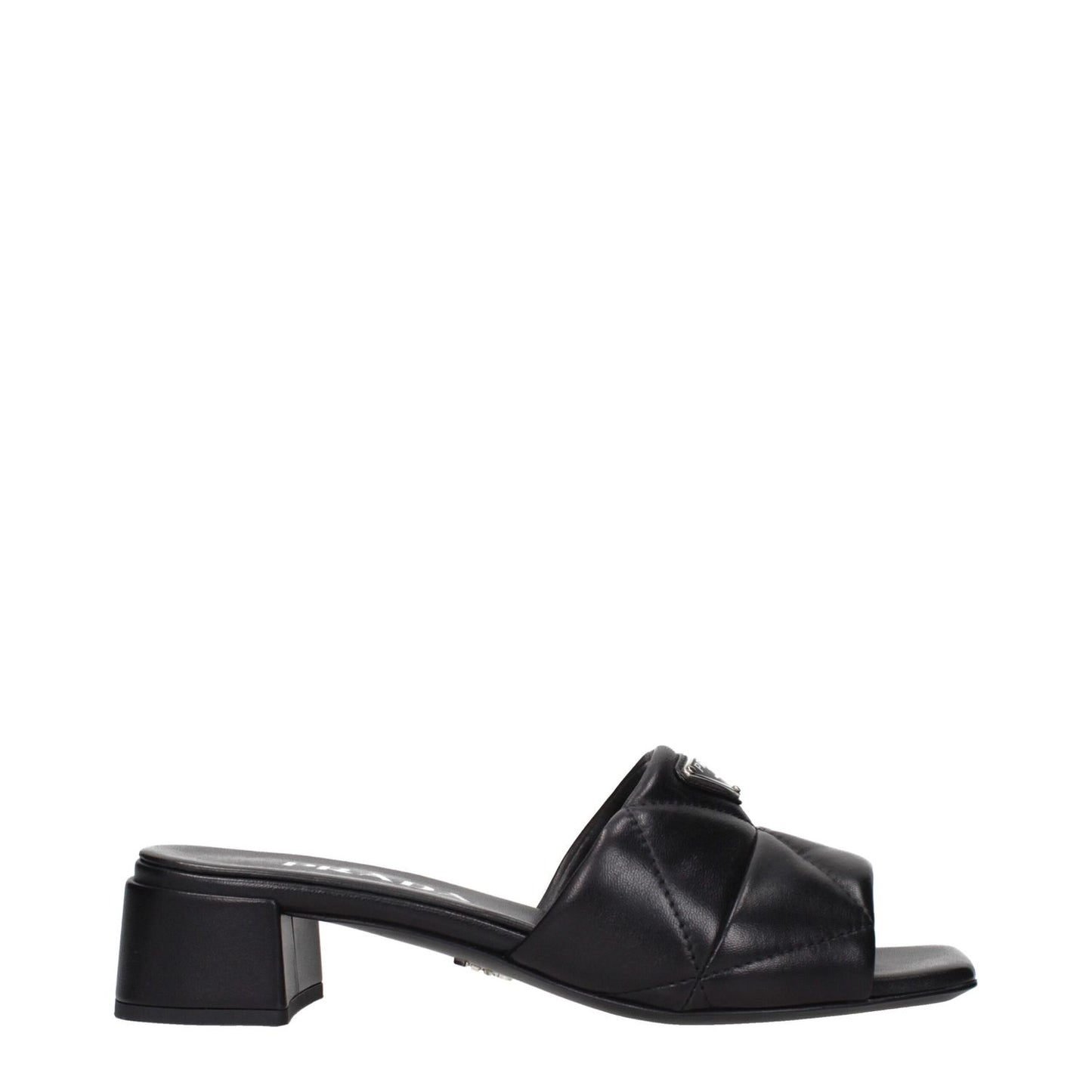 Prada Black Leather Sandals with front logo and stylish design.