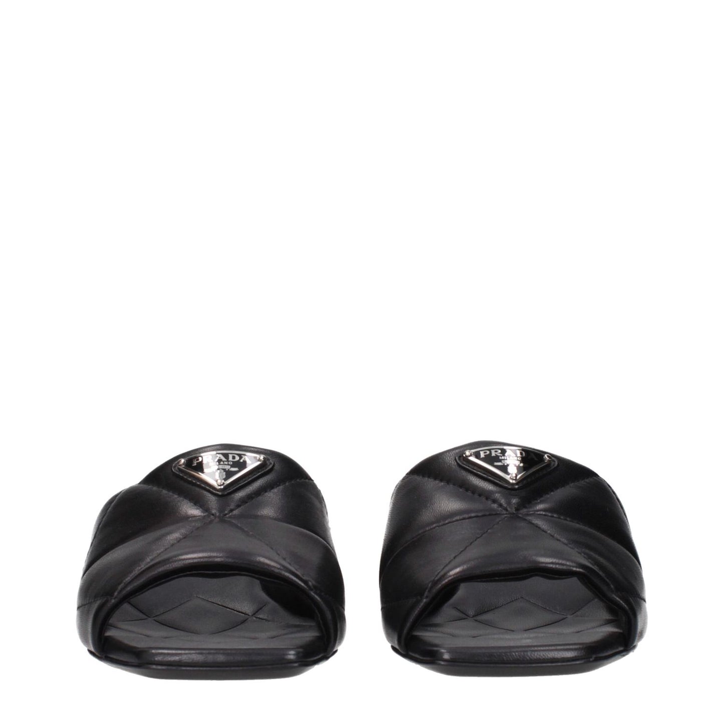 Prada Black Leather Sandals with front logo design, MPN 1XX656038035F0002, code F84279. Stylish women's footwear by Prada.