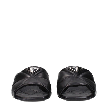 Prada Black Leather Sandals with front logo design, MPN 1XX656038035F0002, code F84279. Stylish women's footwear by Prada.