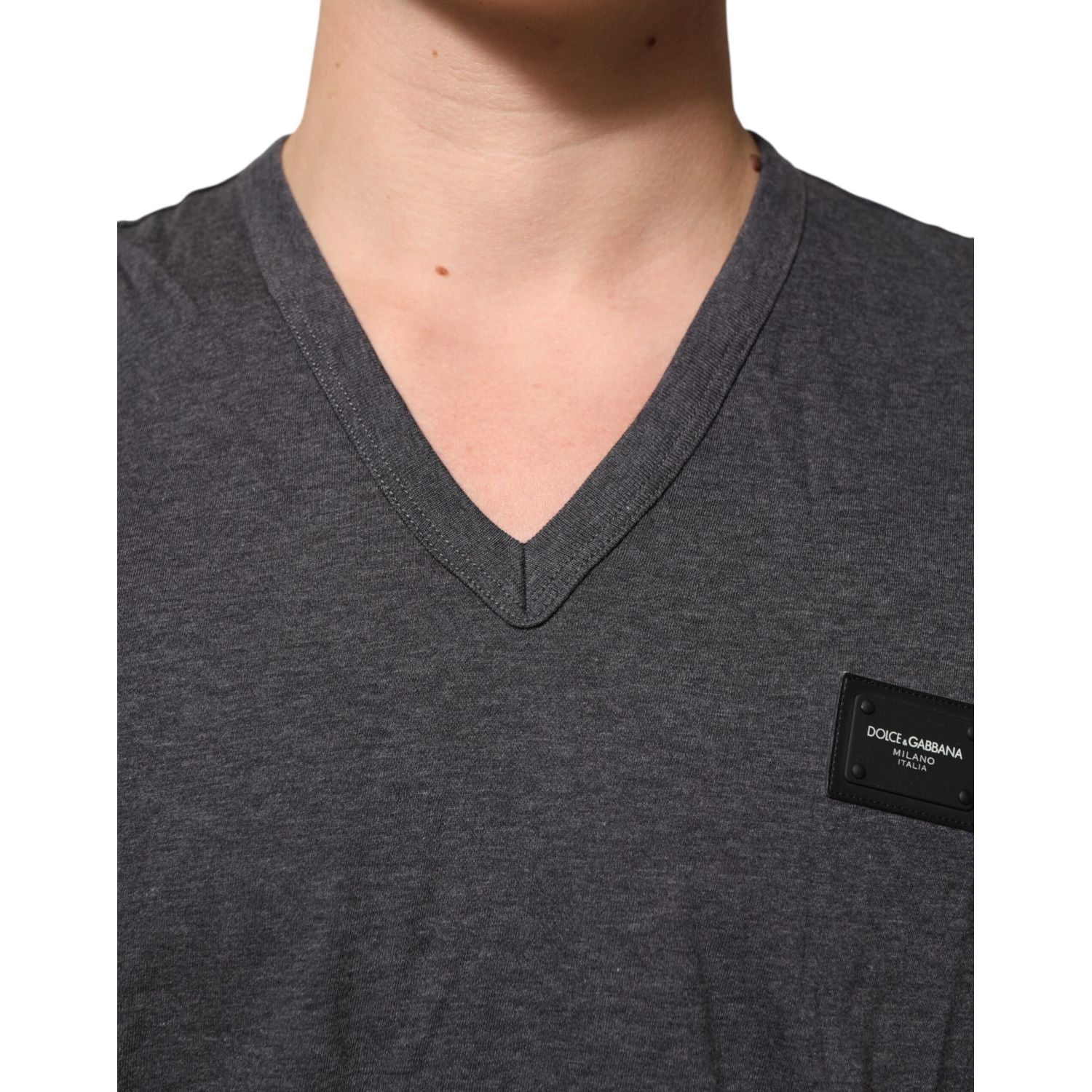 Dolce & Gabbana Grey Cotton V-Neck Logo Plaque Melange T-Shirt