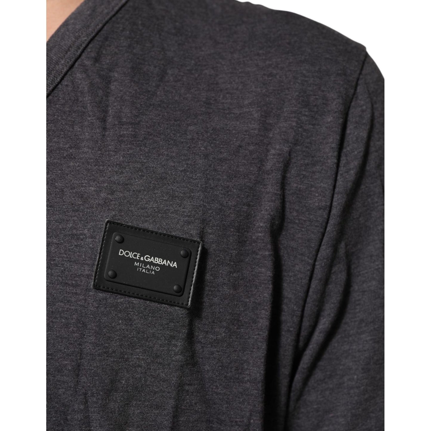 Dolce & Gabbana Grey Cotton V-Neck Logo Plaque Melange T-Shirt