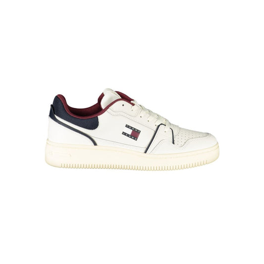 Tommy Hilfiger White Leather Men Sneaker featuring sleek design with bold contrasting details and iconic logo on the side view.