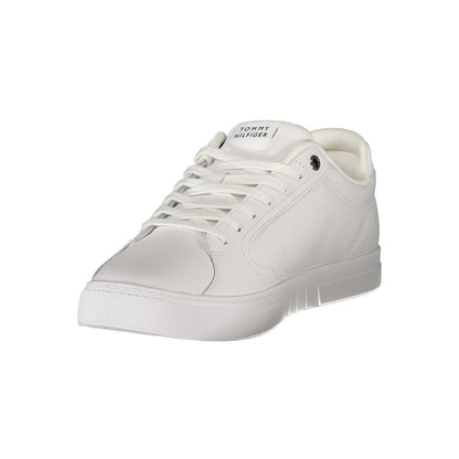 Tommy Hilfiger White Leather Men Sneaker with sleek design and iconic logo, featuring a removable footbed for comfort.