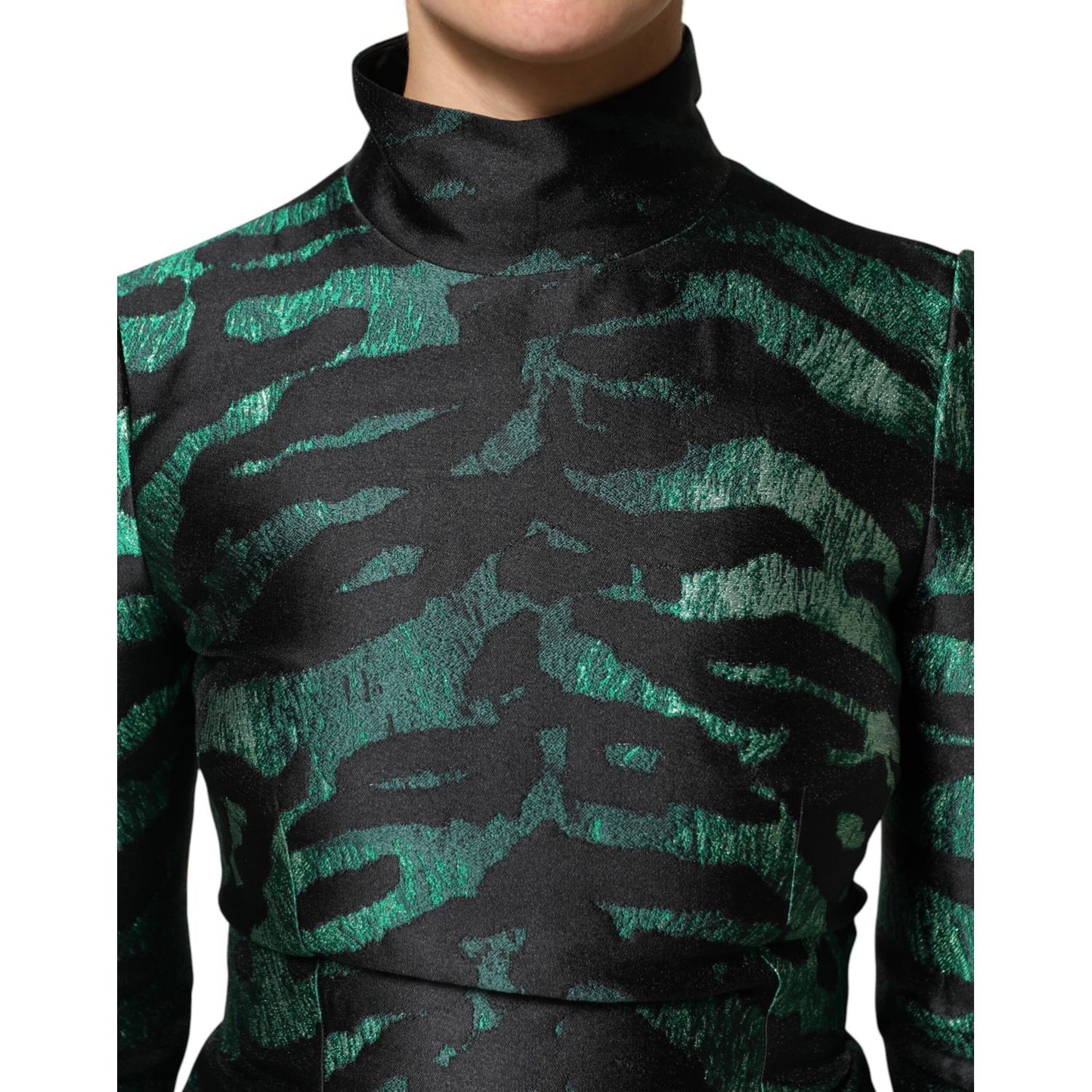 Dolce & Gabbana Black Green Metallic Jacquard Mini Long Dress