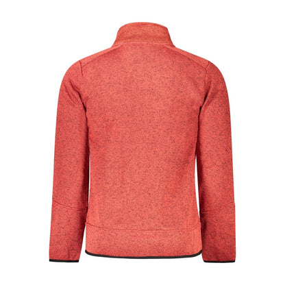 Back view of Norway 1963 Red Polyester Men Sweater, showcasing long sleeves and intricate applique detailing. Contemporary fashion piece.