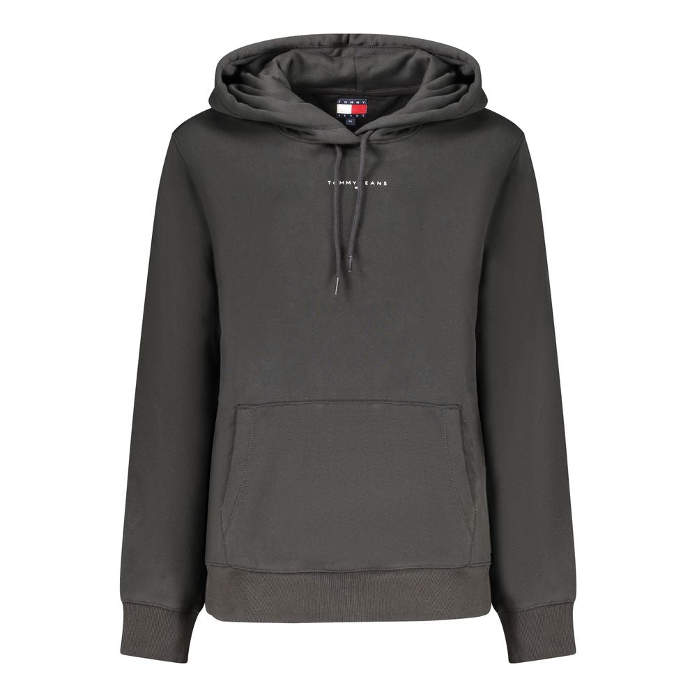 Tommy Hilfiger Black Cotton Women Sweater with hood, bold logo print, and central pocket, sustainable and stylish long-sleeve winter wear.