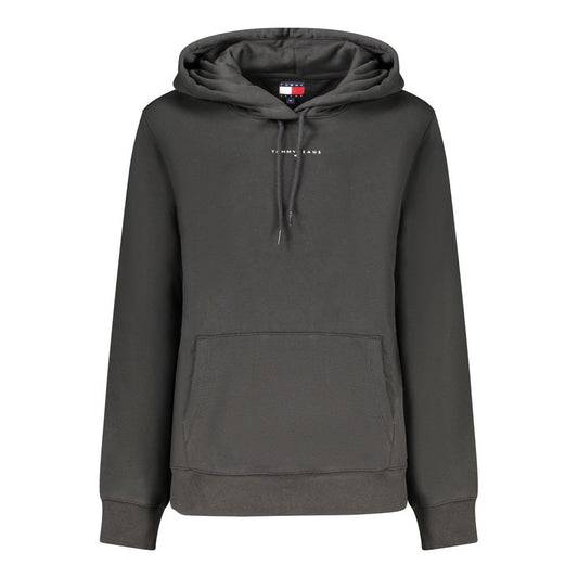 Tommy Hilfiger Black Cotton Women Sweater with hood, bold logo print, and central pocket, sustainable and stylish long-sleeve winter wear.