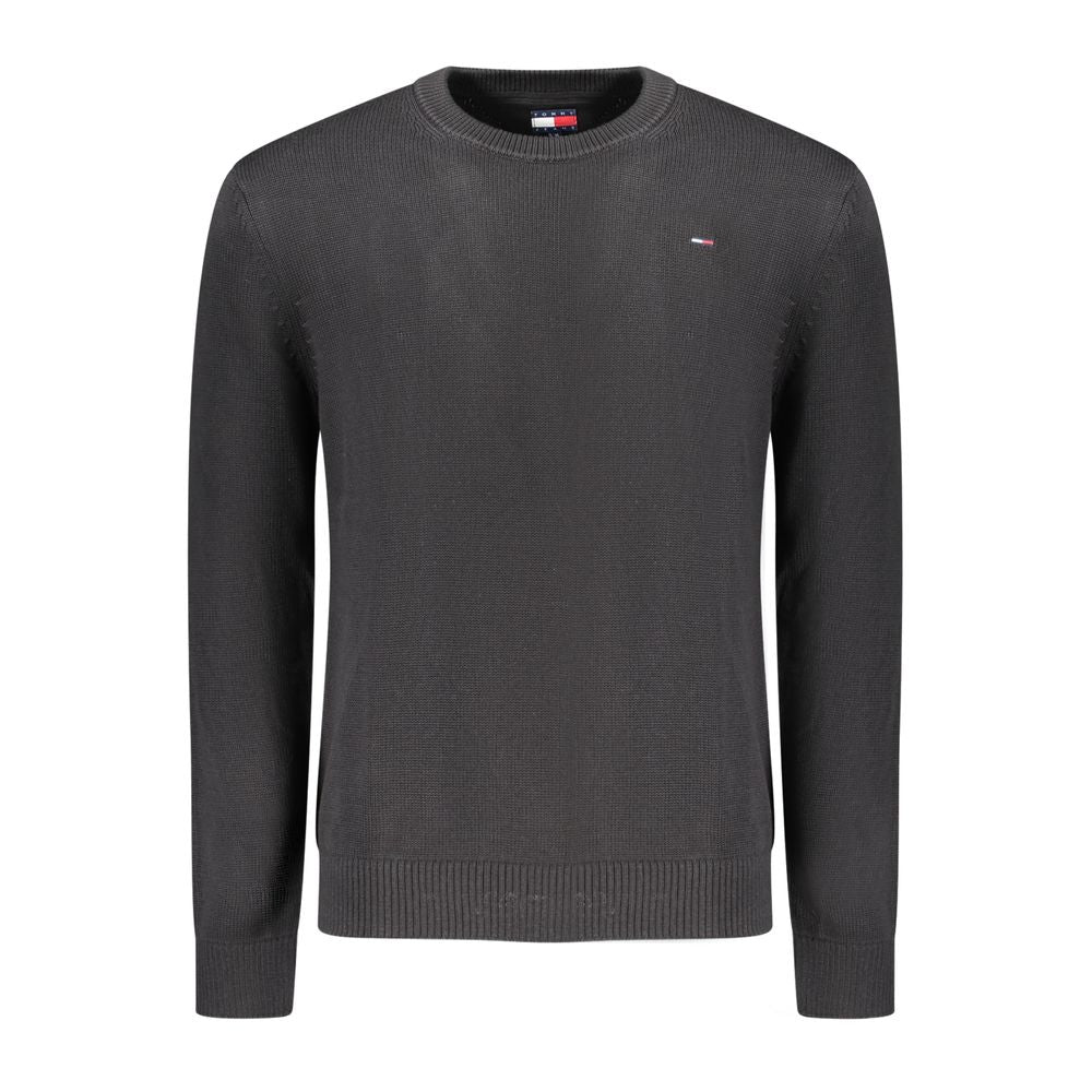 Tommy Hilfiger Black Cotton Men Sweater with embroidered logo and crew neck design, crafted with 95% organic cotton.