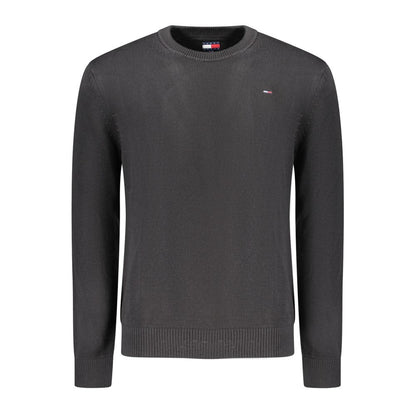 Tommy Hilfiger Black Cotton Men Sweater with embroidered logo and crew neck design, crafted with 95% organic cotton.