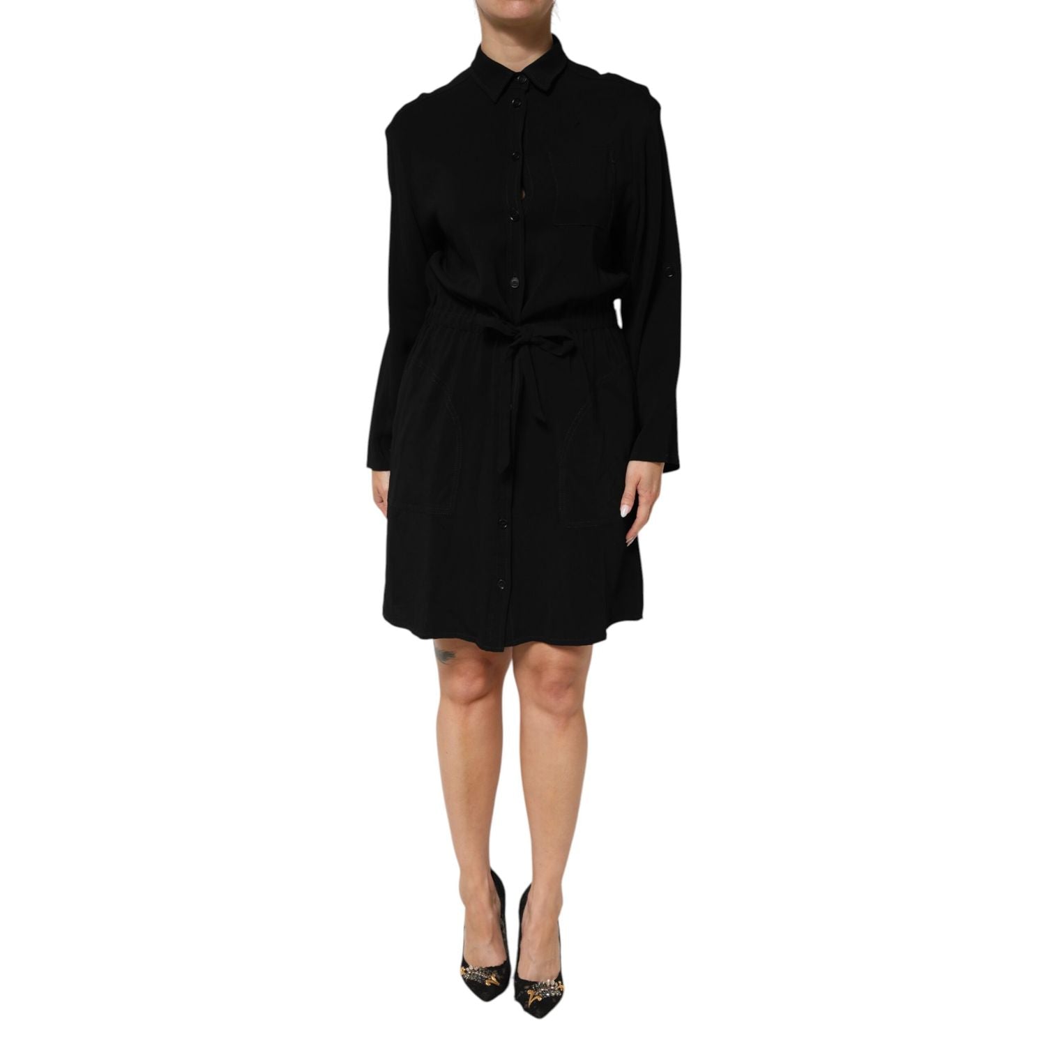 Emporio Armani Black Viscose Blend Shirt Style Belted  Dress