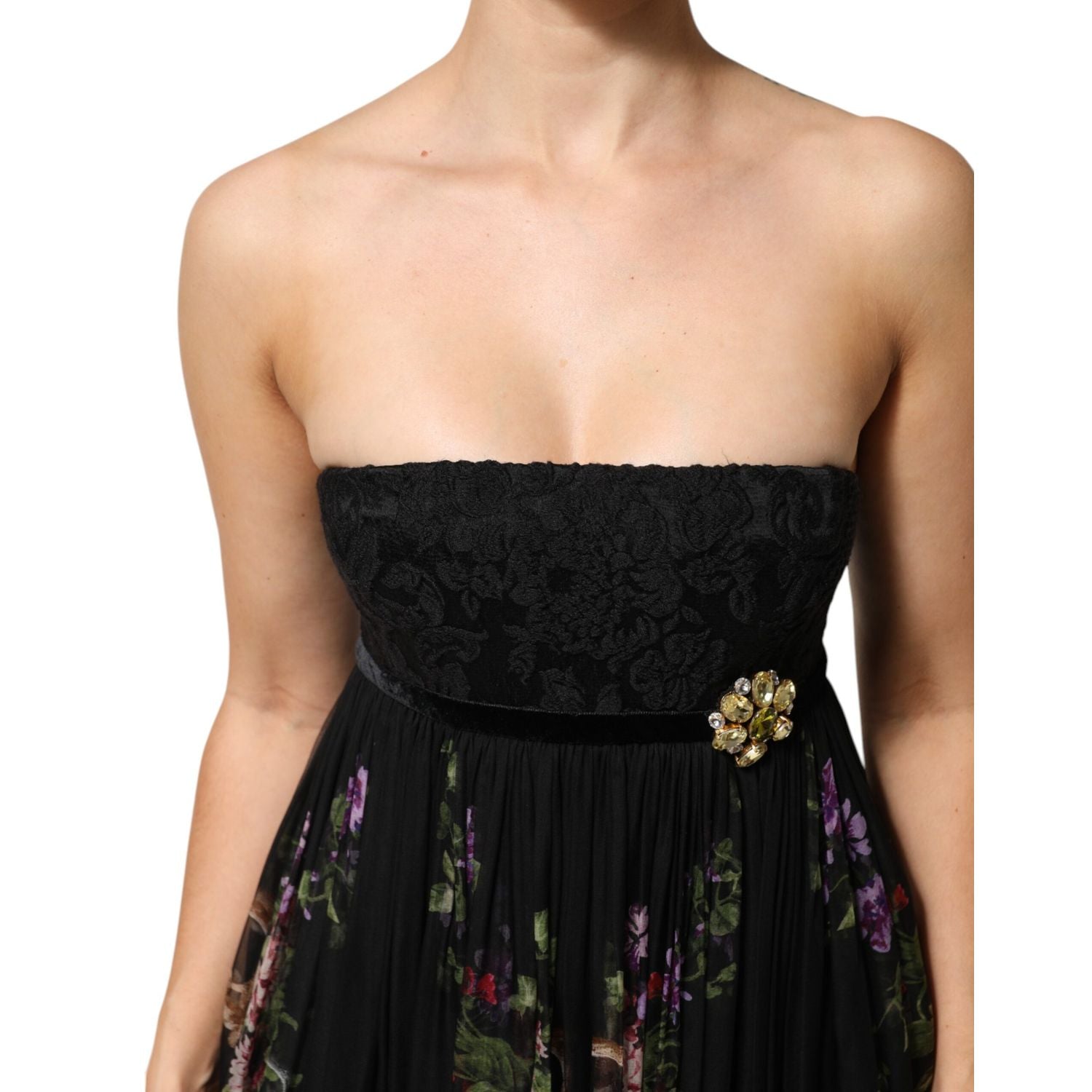 Dolce & Gabbana Black Floral Key Print Crystal Strapless Dress