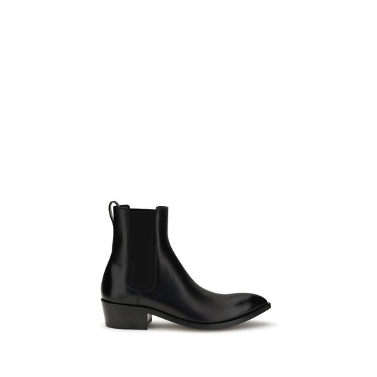 Tom Ford Black Calf Leather Bos Taurus Chelsea Boots, men's ankle-length with side elastic and block heel for a classic sophisticated look.