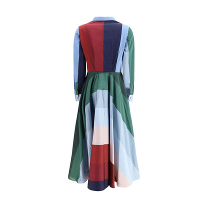 Sara Roka Multicolor Polyester Casual Dress with geometric color block pattern and tailored fit, featuring elegant lapels and button closure.