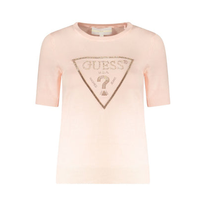 Alt Tag: Guess Jeans Pink Viscose Sweater, short sleeved crew neck with rhinestone logo and contrasting details