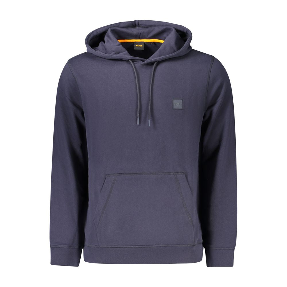 Hugo Boss Blue Cotton Men Sweater with hood, central pocket, and logo embroidery.