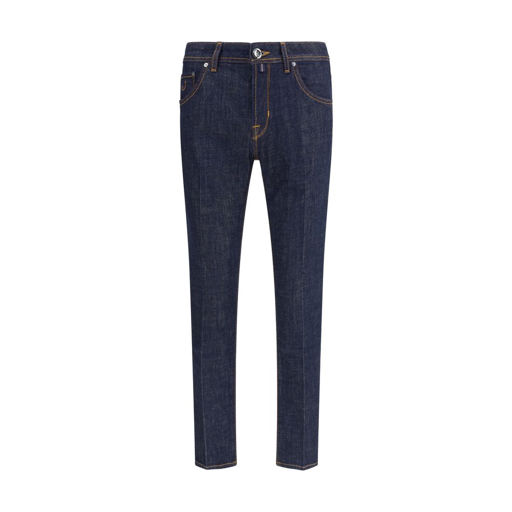 Jacob Cohen Blue Cotton Skinny Jeans featuring a slim fit, tailored details, front button closure, classic five-pocket style, 100% cotton.