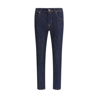 Jacob Cohen Blue Cotton Skinny Jeans featuring a slim fit, tailored details, front button closure, classic five-pocket style, 100% cotton.