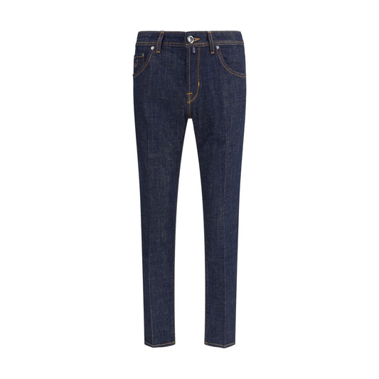 Jacob Cohen Blue Cotton Skinny Jeans featuring a slim fit, tailored details, front button closure, classic five-pocket style, 100% cotton.