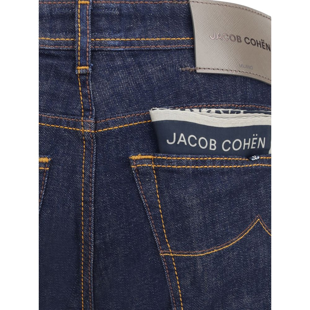 Back pocket detail of Jacob Cohen Blue Cotton Skinny Jeans with logo patch and stitch accents.