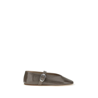 Le Monde Béryl Brown Calf Leather Bos Taurus Ballet Flats with adjustable strap and beveled toe design.